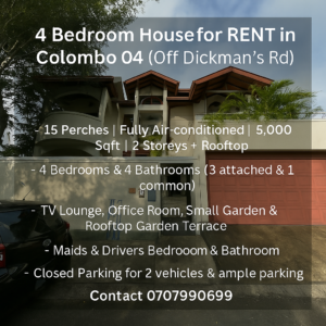 USD 2,600 (Per Month) | 4 Bedroom House for RENT in Colombo 04 (Off Dickman’s Rd)